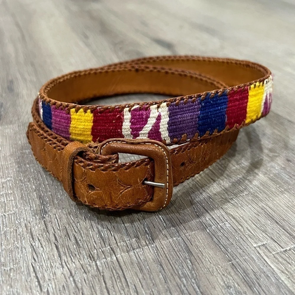 38W Made in Guatemela Genuine Leather Woven Colorblock Embroidered Accent Belt